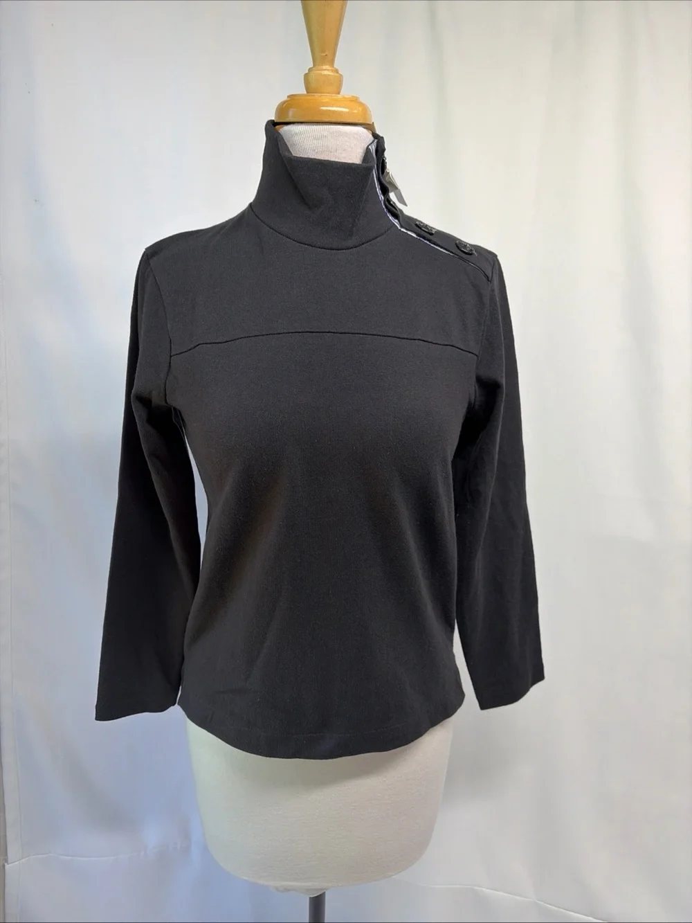 J Crew Women Sweater XXS Black HighNeck Long Sleeve Button Shoulder Pullover Top